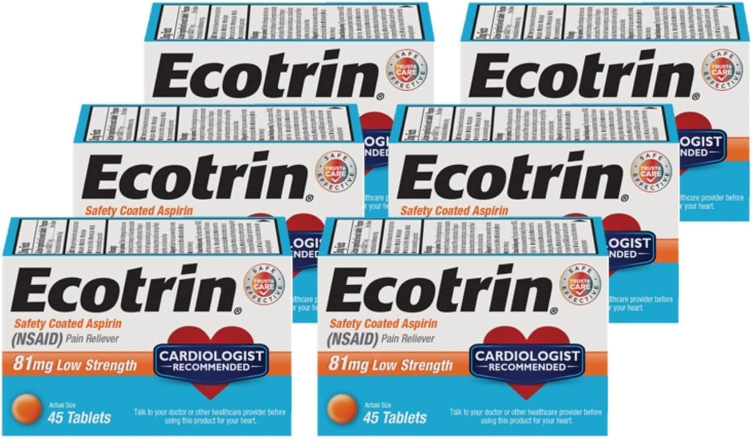 Ecotrin Low Strength Safety Coated Aspirin, Nsaid 81Mg, 45 Count (6 Pack)