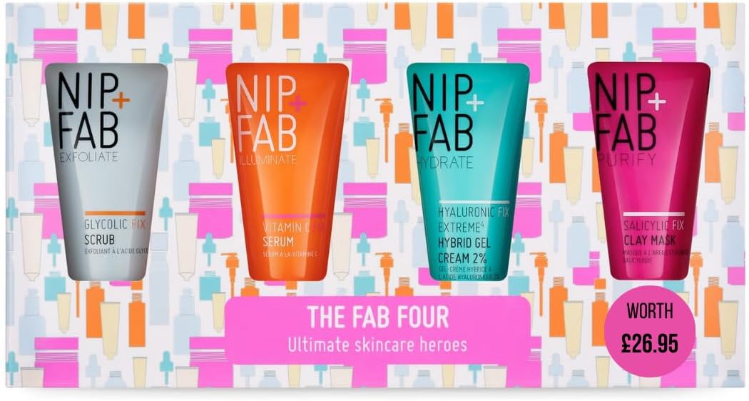 Nip + Fab The Fab Four Gift Set, Includes Bestselling Glycolic Scrub, Vitamin C Serum, Hyaluronic Hybrid Gel Cream And Salicylic Clay Mask, Perfect Gift For Secret Santa, Stocking Filler