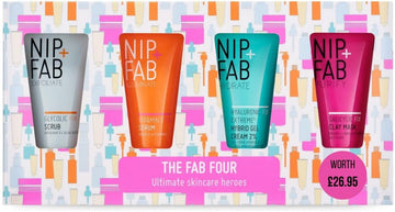 Nip + Fab The Fab Four Gift Set, Includes Bestselling Glycolic Scrub, Vitamin C Serum, Hyaluronic Hybrid Gel Cream And Salicylic Clay Mask, Perfect Gift For Secret Santa, Stocking Filler