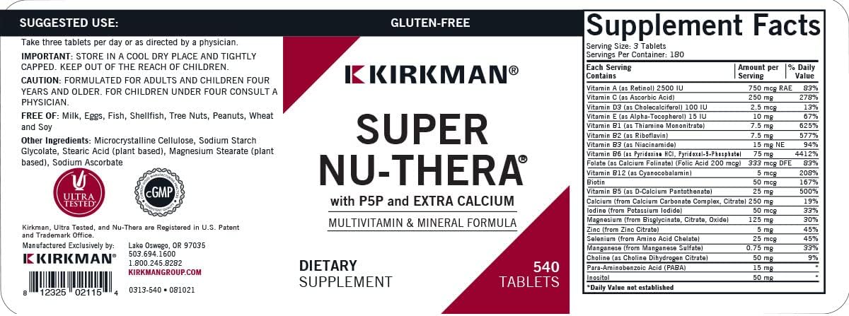 Super Nu-Thera with Extra P5P, 540 Tablets, Kirkman Labs : Health & Household