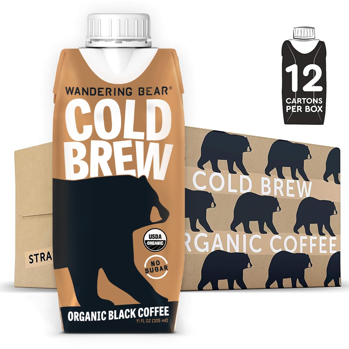 Wandering Bear Straight Black Organic Cold Brew Coffee On-The-Go, Iced Coffee, 11 Fl Oz, 12 Pack - Extra Strong, Smooth, Unsweetened, Shelf-Stable, Ready To Drink