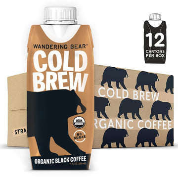 Wandering Bear Straight Black Organic Cold Brew Coffee On-The-Go, Iced Coffee, 11 Fl Oz, 12 Pack - Extra Strong, Smooth, Unsweetened, Shelf-Stable, Ready To Drink