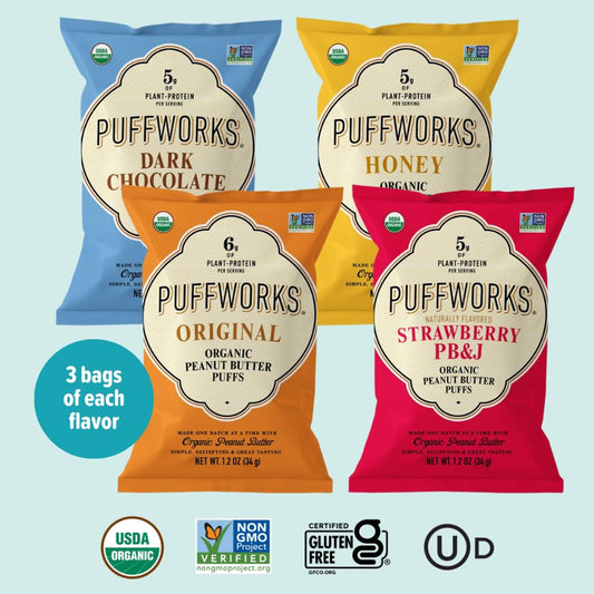 Puffworks Four Flavor Variety Pack Organic Peanut Butter Puffs (Original, PBJ, Dark Chocolate, Honey), Plant-Based Protein Snack, Gluten-Free, Kosher 1.2oz Ounce (Pack of 12)