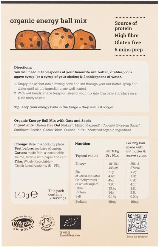Just Wholefoods Organic Energy Ball Mix 6 X 140G | Vegan, Gluten & Dairy Free, Source Of Fibre | Ingredients To Make Up To 72 Energy Balls |