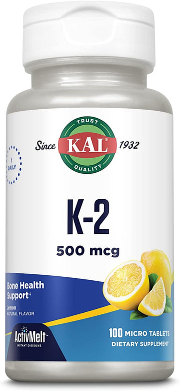 Kal Vitamin K2 500 Mcg, Bone, Heart And Artery Health Supplement As Vitamin K2 Mk4, Bone Strength And Cardiovascular Function Support, Natural Lemon Activmelts, Vegetarian, 100 Serv, 100 Micro Tablets