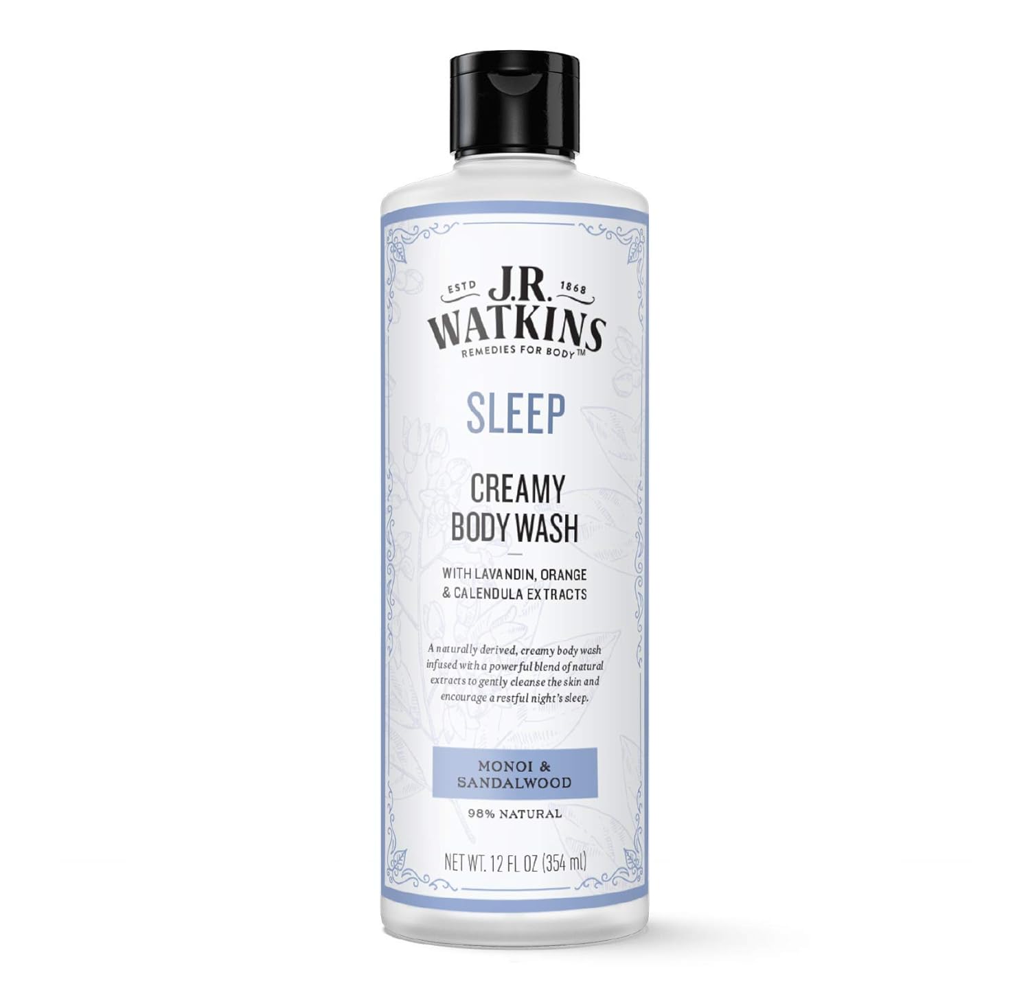 J.R. Watkins Sleep Creamy Moisturizing Body Wash, Cleanses & Encourages Restful Sleep, Natural Monoi & Sandalwood, 12 Oz