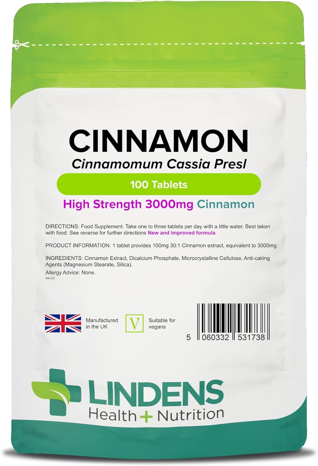 Lindens - Cinnamon 3000Mg, 100 Tablets - Uk Made, Super Concentrated 30X Extract - Equivalent To 3000Mg Of Dried Cinnamon, Traditionally Used For Millennia - Letterbox Friendly, Vegan