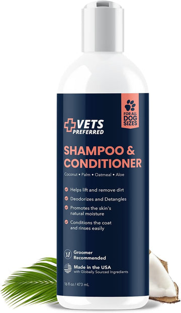 Vets Preferred Dog Shampoo And Conditioner - Dog Wash Pet Shampoo - Moisturize, Deodorize, And Detangle - Hypoallergenic Dog And Puppy Shampoo With Coconut, Palm, Oatmeal, & Aloe – 16 Fl Oz