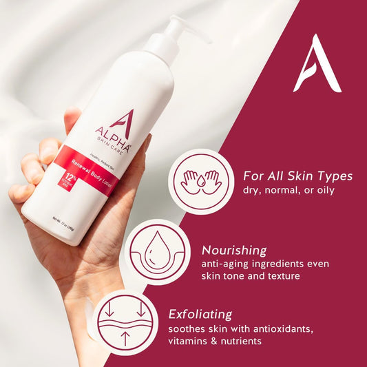 Alpha Skin Care Revitalizing Body Lotion With 12% Glycolic Aha, Simple And Effective Multi-Purpose Daily Moisturizer Hydrates And Exfoliates With Anti-Aging, 12 Oz