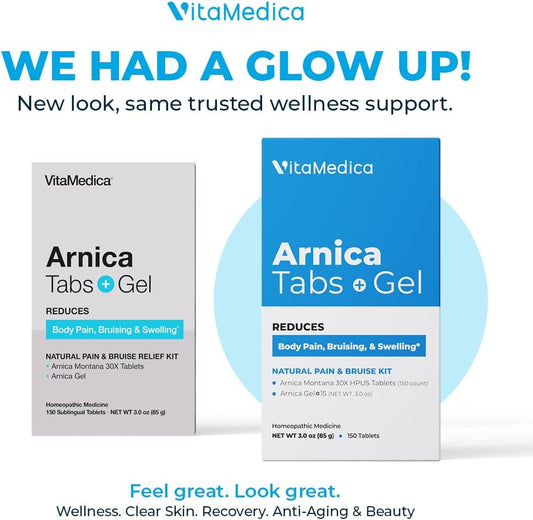 Vitamedica Arnica Montana Tablets & Arnica Gel Bundle For Natural Pain, Bruising, And Swelling - 150 Rapid Dissolve Tablets / 3 Ounce Water-Based Gel - Made In Usa