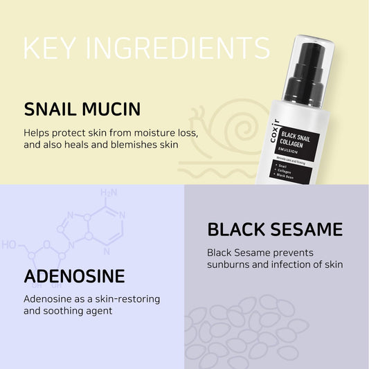 Coxir Black Snail Collagen Emulsion | Black Rice, Snail Mucin, Collagen, Hyaluronic Acid | Lightweight Face Moisturizer | Firming, Nourishing, Korean Skin Care [100Ml/3.38 Fl.Oz]