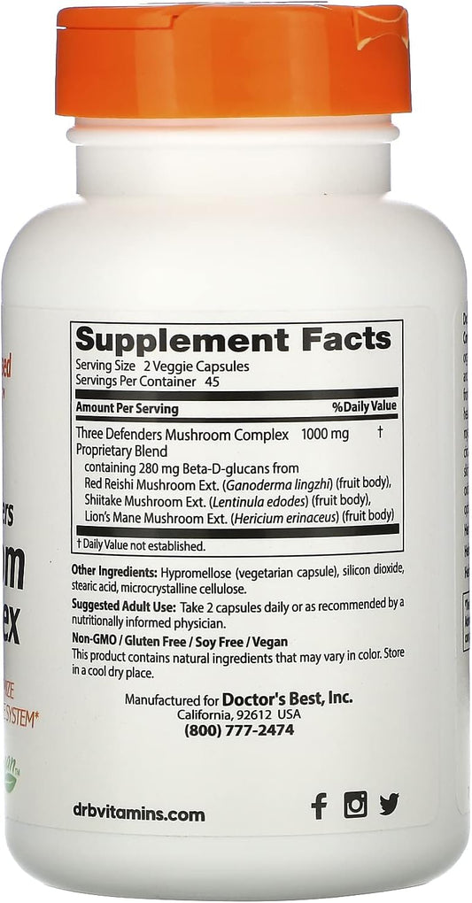 Doctor's Best Three Defenders Mushroom Complex, Contains Reishi, Lion’s Mane & Shiitake, Supports Immunity, Cognition, Overall Body Health, 90 Count : Health & Household