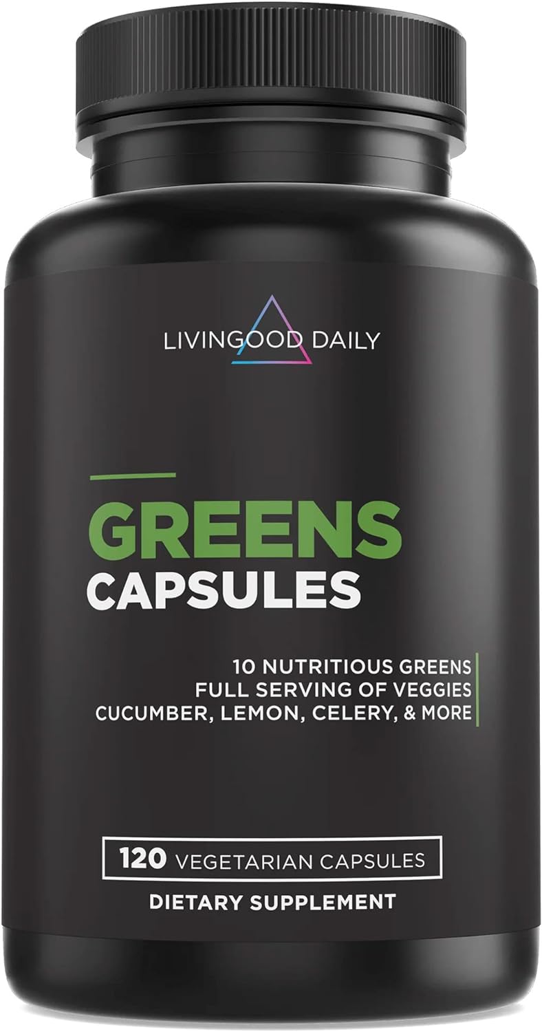 Livingood Daily Greens Capsules - Blend of Spirulina, Chlorella, Broccoli, Spinach, Collards, Celery, Lemon, Cucumber, Wheat Grass, and Parsley - Energy & Digestive Health - Vegan -120 Capsules