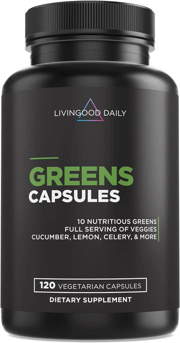 Livingood Daily Greens Capsules - Blend of Spirulina, Chlorella, Broccoli, Spinach, Collards, Celery, Lemon, Cucumber, Wheat Grass, and Parsley - Energy & Digestive Health - Vegan -120 Capsules