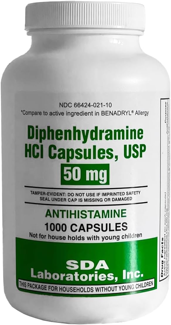 Sda Laboratories Diphenhydramine Hci Antihistamine 25 Mg Capsules For Multi-Symptom Allergy Relief, Sleep Support And Cold Symptoms, 1000 Count (1 Bottle)