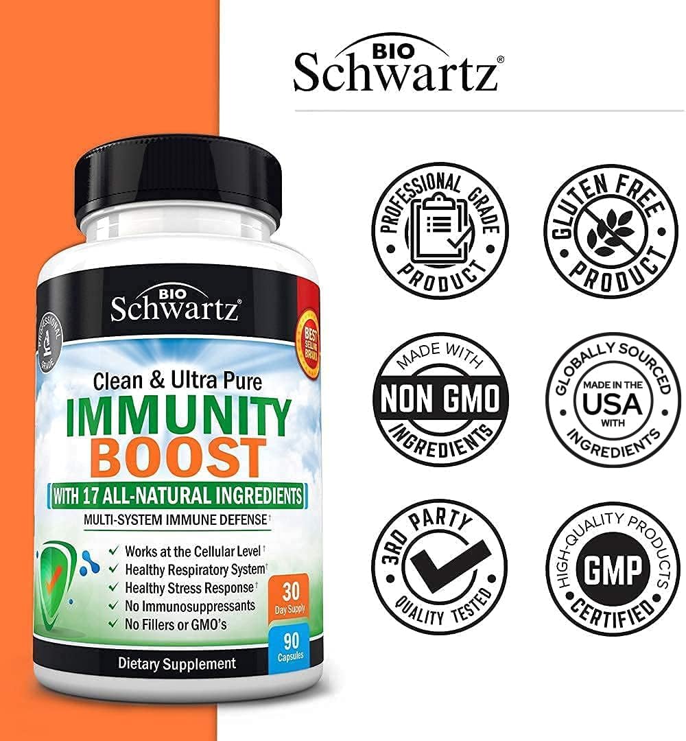 Immune Support Supplement with Vitamin C 1000mg Zinc Elderberry Extract Ginger Root Beta Carotenes, Immunity Boost for Adults, Natural Immune Defense Antioxidant Vitamins by BioSchwartz, 90 Capsules : Health & Household