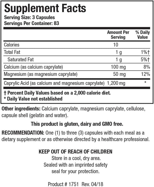 Biotics Research Caprin Caprylic Acid 1200 Milligram Serving. Gastrointestinal Support, Calcium, Magnesium Added, Aids In Gut Microbial Balance 250 Caps