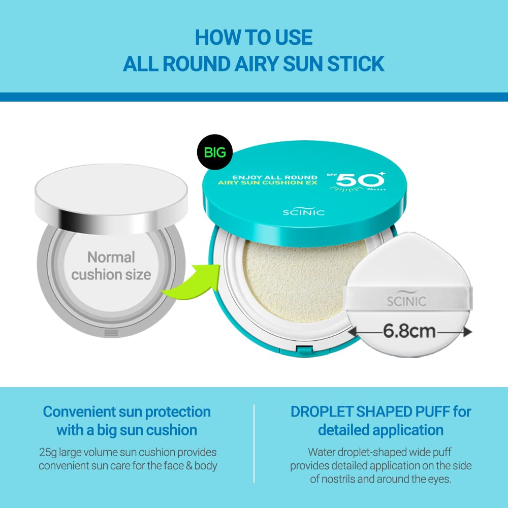 Scinic Enjoy All Round Airy Sun Cushion Ex Spf50+Pa++++0.88Oz (25G) | Cooling Uv Protection & Natural Tone-Up From Face To Body For All Family Members | Korean Skincare