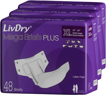 Livdry Megabriefs Xl Adult Diapers With Tabs, Max 12-Hour Capacity, Super Absorbent Incontinence Underwear, Leak Protection Briefs, Extra Large, 48-Pack