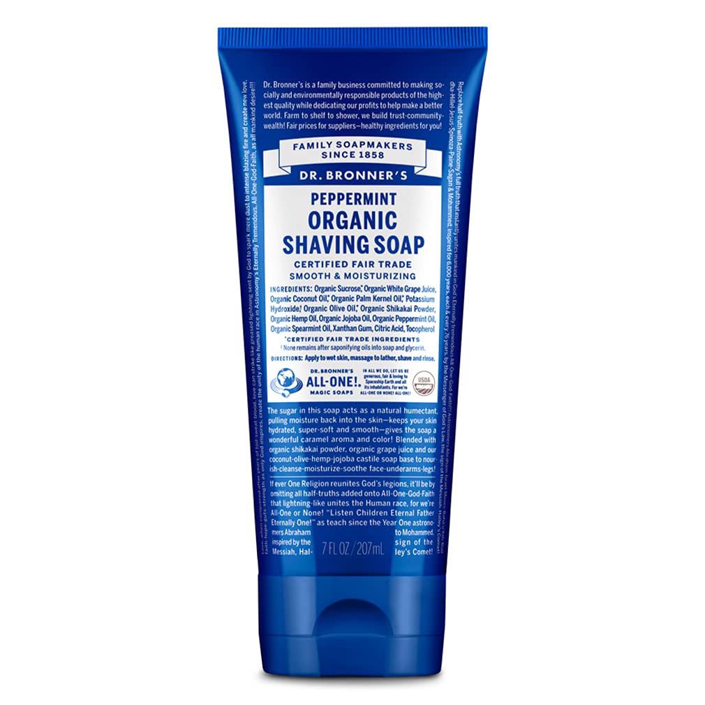 Dr. Bronner's - Organic Shaving Soap (Peppermint, 7 Ounce) - Certified Organic, Sugar and Shikakai Powder, Soothes and Moisturizes for Close Comfortable Shave, Use on Face, Underarms and Legs