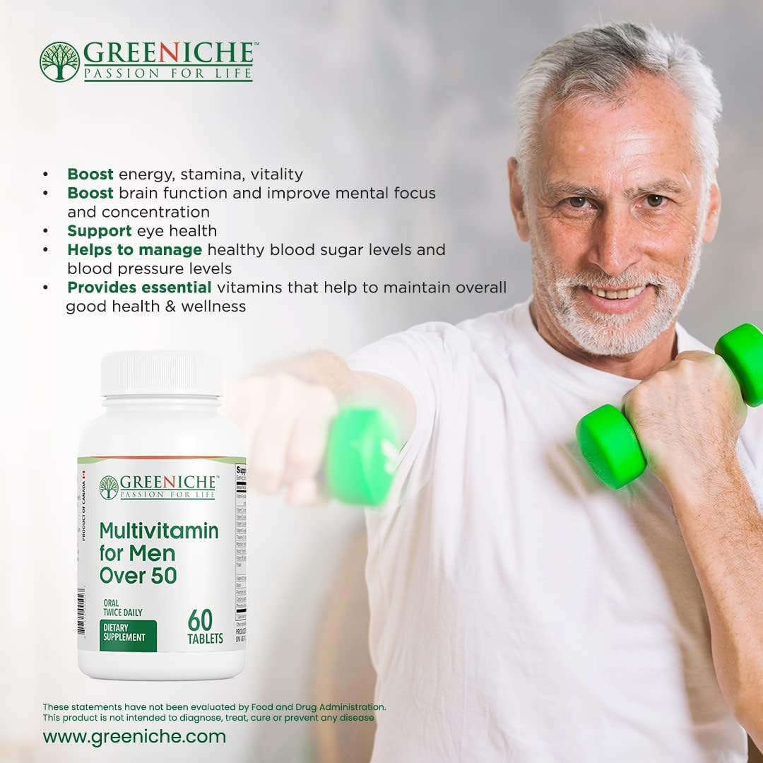 Greeniche Halal Multivitamin For Men Over 50, 60 Tablets, High Potency Vitamins & Minerals, Immune Support, Organic Supplement, Antioxidant Properties, Gentle On Stomach, Helps Promote Overall Health : Health & Household
