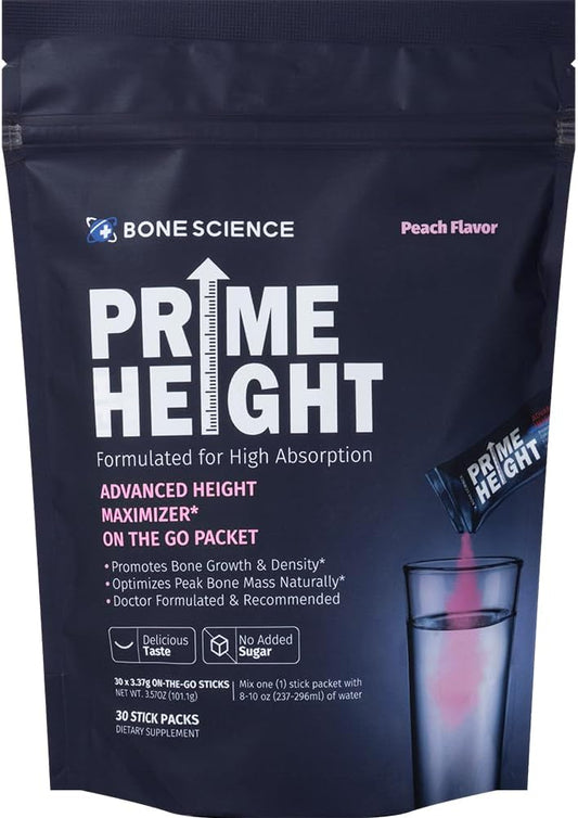Prime Height Powder – Kids Daily Multivitamin With Calcium, Magnesium, Zinc, And Vitamins B6, B12, C, D3, E, K – 30 Sticks, Peach Flavor