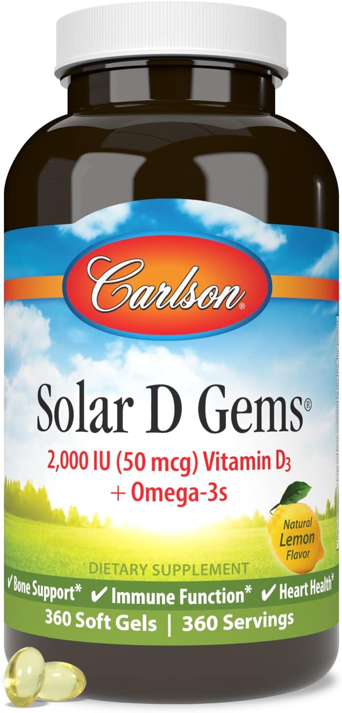 Carlson - Solar D Gems, Vitamin D3 and Omega-3 Supplement, 2000 IU (50 mcg) Vitamin D3, 115 mg Omega-3s EPA and DHA Supplement, Wild Caught, Sustainably Sourced, Lemon, 360 Softgels : Health & Household