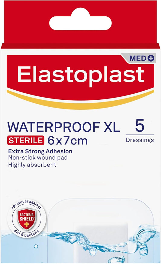 Elastoplast Waterproof Xl Med+ Dressings (5 Pieces), Pack Of First Aid Plasters, Large Plasters For Post-Operative Wounds, Waterproof Sterile Dressing For Wounds, 0% Latex, Flexible Material, Clear