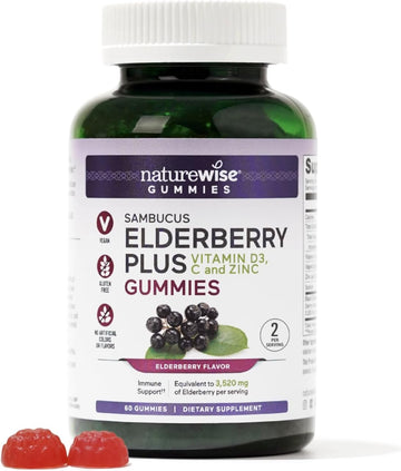 Naturewise Elderberry Gummies With Vitamin C + D3 + Zinc - Equivalent To 3,250Mg Premium Sambucus Elderberries - Immune Support For Kids* & Adults - Vegan, Non-Gmo - 60 Count[1-Month Supply]