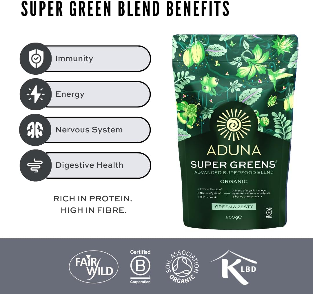 Aduna Advanced Superfood Super Greens Blend | 100% Organic Powder for Smoothies/Juices & Yoghurt | 250g Resealable and Recyclable Pack : Health & Household