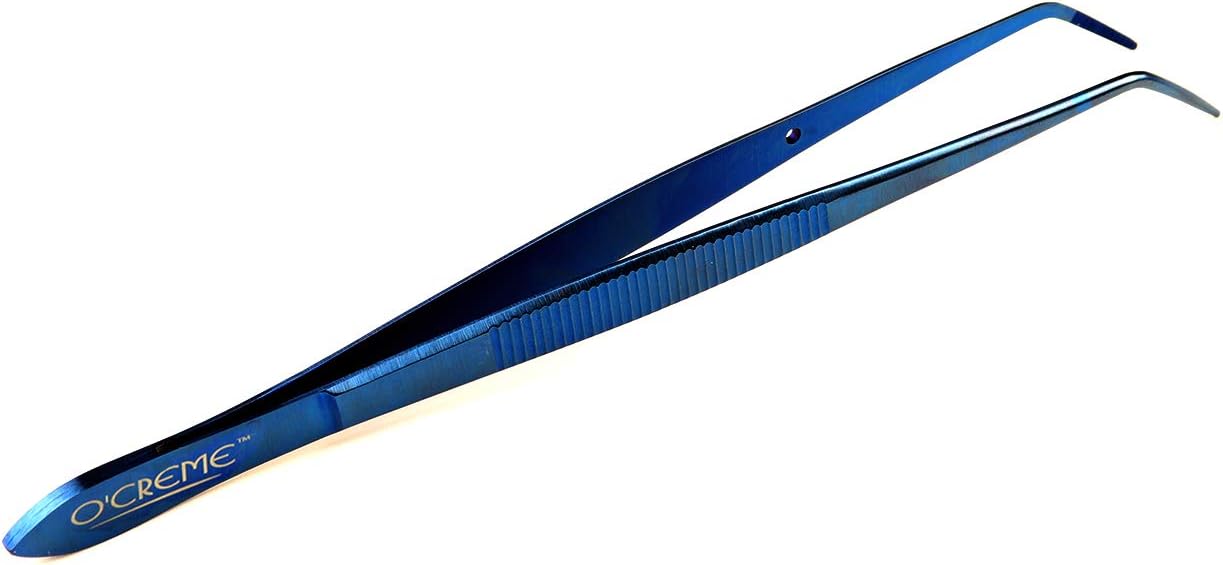 O'Creme Curved Tweezers 6.25 Inch Fine-Point Stainless Steel, Blue