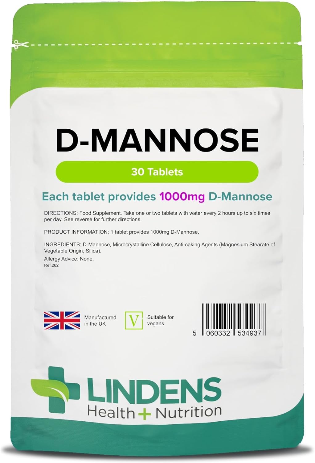 Lindens - D-Mannose 1000Mg - 30 Tablets - Uk Made - Provides 1000Mg D Mannose Per Tablet - Contributes To Urinary Health - Substitute For Cranberry - Gmp - Letterbox Friendly, Vegan