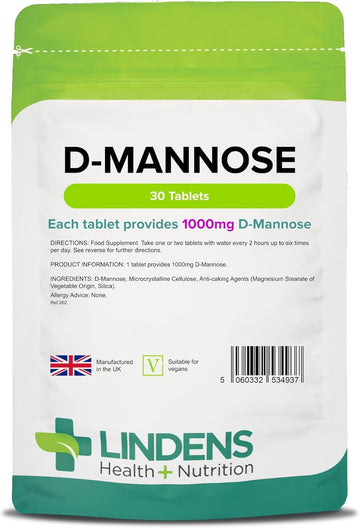 Lindens - D-Mannose 1000Mg - 30 Tablets - Uk Made - Provides 1000Mg D Mannose Per Tablet - Contributes To Urinary Health - Substitute For Cranberry - Gmp - Letterbox Friendly, Vegan