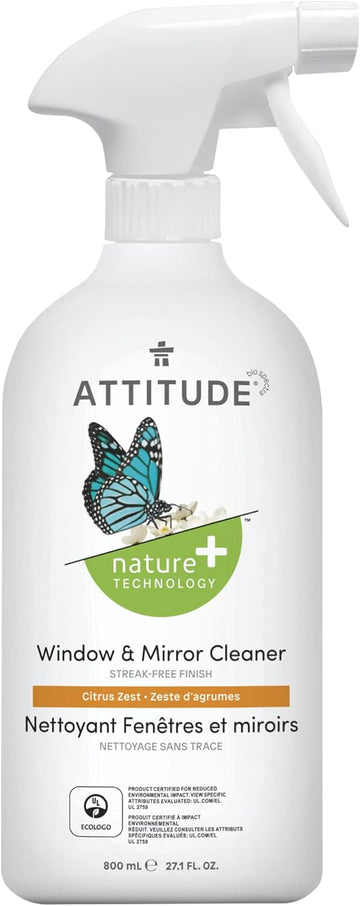 ATTITUDE Window and Mirror Cleaner, EWG Verified, Plant- and Mineral-Based Ingredients, Vegan and Cruelty-free Household Products, Citrus Zest, 27.1 Fl Oz