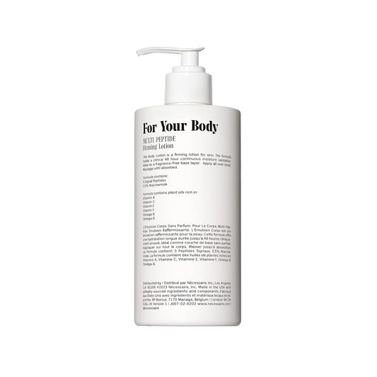 Nécessaire The Body Lotion Fragrance-Free. Firming Body Lotion For Women & Men. 48 Hour Moisture. 5 Peptides, 2.5% Niacinamide, Vitamin C/E + Omega 6/9. Non-Comedogenic. 13.5 Fl Oz