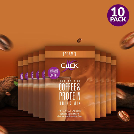 CLICK All-in-One Protein & Coffee Meal Replacement Drink Mix, Caramel, 10 Single Serving Packets (1.1 Ounce)