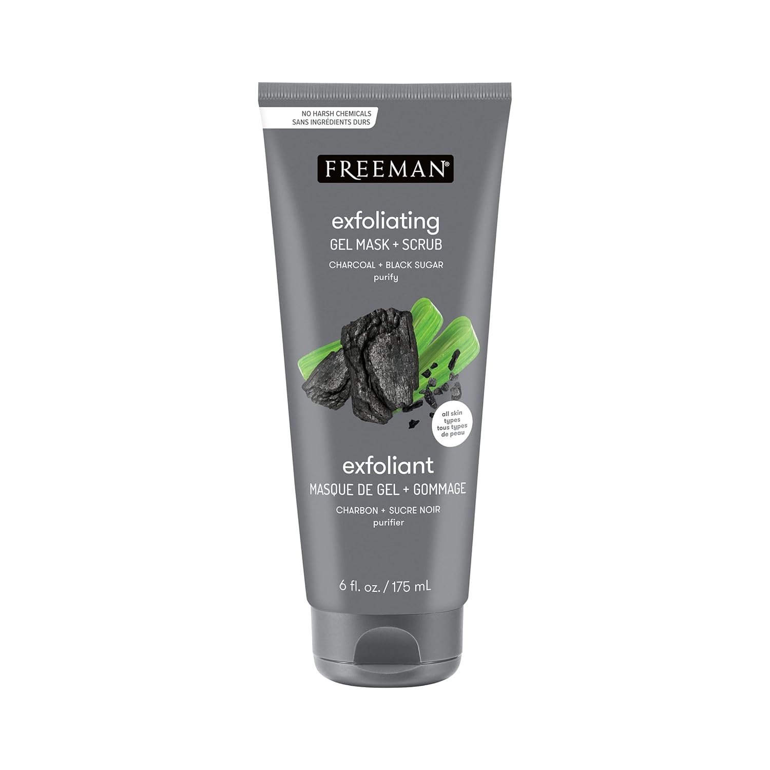 Freeman Polishing Charcoal & Black Sugar Facial Gel Mask+ Scrub, Purifies Skin, Not Over-Drying, Polishing Face Mask, Exfoliating, Removes Dead Skin, Cruelty-Free Skincare, 6 Fl.Oz./ 175 Ml Tube