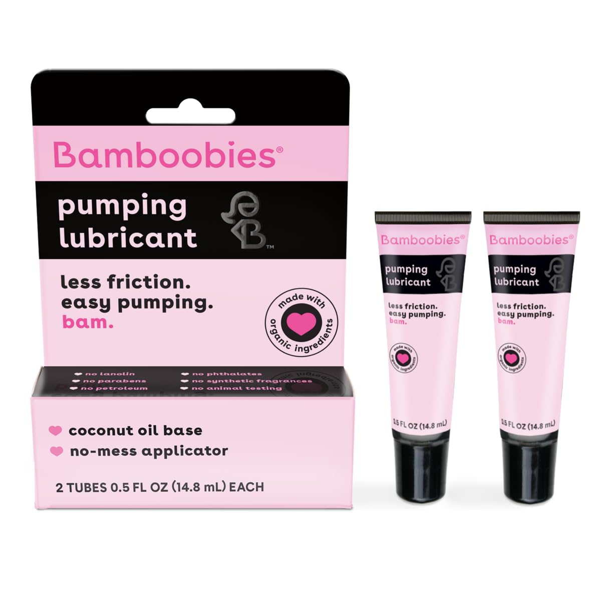Bamboobies Women's Breast Pump Lubricant and Nipple Cream, Coconut Oil Base, Cream for Breastfeeding, 0.5 Oz Tube, Made in the USA (2 Tubes)