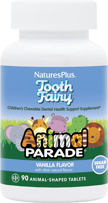 NaturesPlus Animal Parade Tooth Fairy Children's Chewables - Natural Vanilla Flavor - 90 Animal-Shaped Tablets - Dental Health Supplement - Vegetarian, Gluten Free - 45 Servings