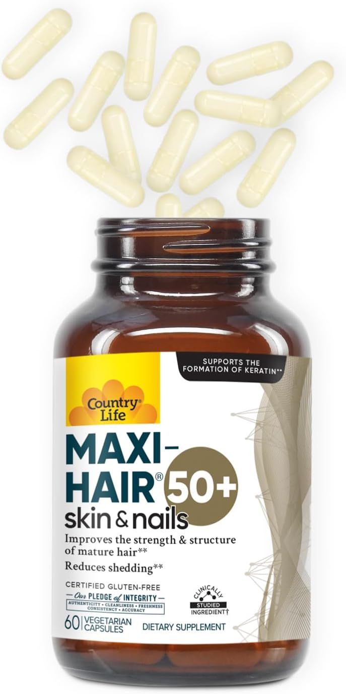 Country Life Maxi-Hair 50+ – Biotin-Based Hair, Skin & Nails Supplement For Women & Men Over 50 | Supports Healthy Hair Growth & Reduced Shedding | Certified Gluten-Free & Vegetarian | 60 Capsules : Health & Household