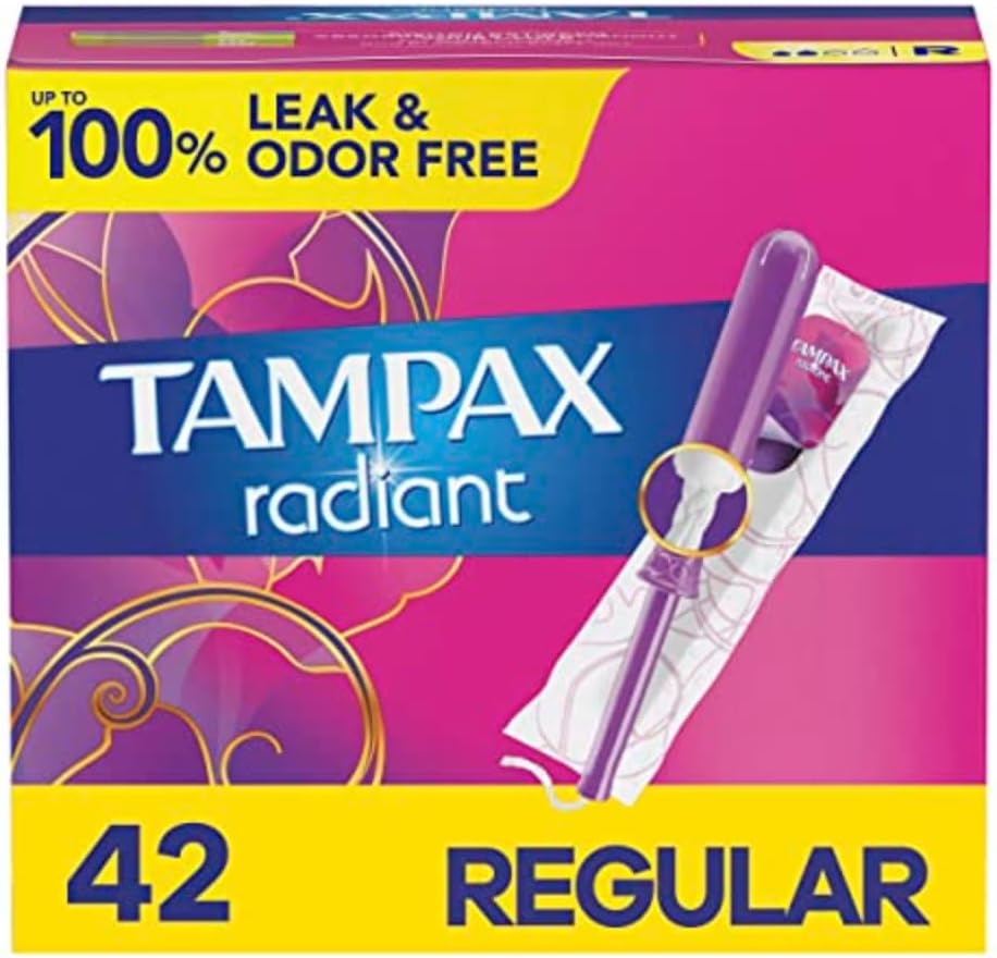 Tampax Radiant Tampons Light Absorbency With Bpa-Free Plastic Applicator And Leakguard Braid, Unscented, 28 Count X 3 Pack (84 Count Total)