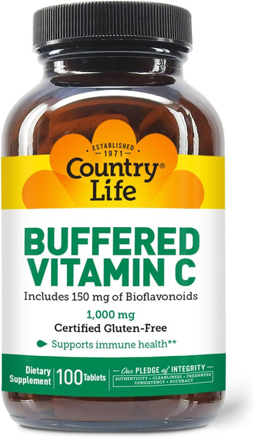 Country Life Buffered Vitamin C 1000Mg With Bioflavonoids, Calcium, Magnesium, Potassium - Immune Support, Vegan Capsules, Gluten-Free, Gentle On Stomach - 100 Tablets