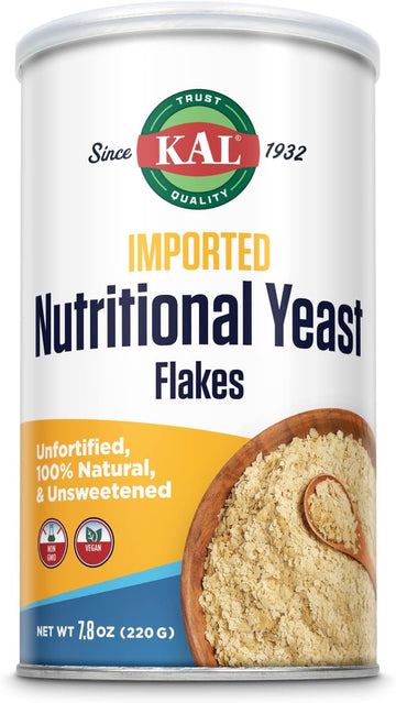 Kal Imported Nutritional Yeast Flakes, Unfortified & Unsweetened Fine Flakes, 100% Natural Source Of Amino Acids & B Vitamins, Great Nutty Flavor, Non-Gmo & Vegan, Approximately 22 Servings, 7.8Oz