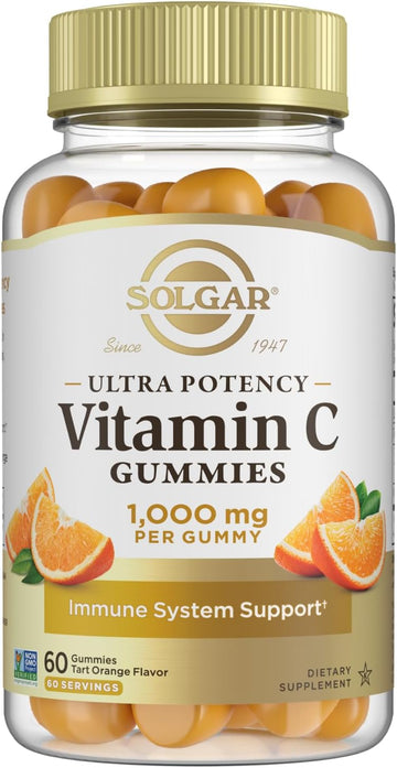 Solgar Vitamin C Gummies For Adults 1,000Mg Ultra Potency Vitamin C Immune System Support For Women & Men - Tasty Tart Orange Flavor, Vegan & Gluten Free Gummy, 2 Month Supply, 60 Servings, 2G Sugar