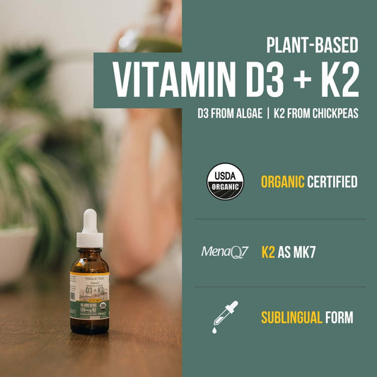 Organic Plant D3 + K2 - 10,000 iu D3 - All-Trans MK7 from MenaQ7 (120 mcg K2) - 100% Organic & Plant-Based Sublingual D3 Drops (Cholecalciferol), 100% Vegan - Supports Immunity, Bone, Mood & Brain