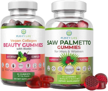 Purify Life Vegan Collagen Gummies with Biotin & Saw Palmetto Extract Bundle, Vitamins for Hair Skin and Nails Health, Hormonal Balance in Men and Women, Gluten-Free & Vegan, Replace Capsules, Pills