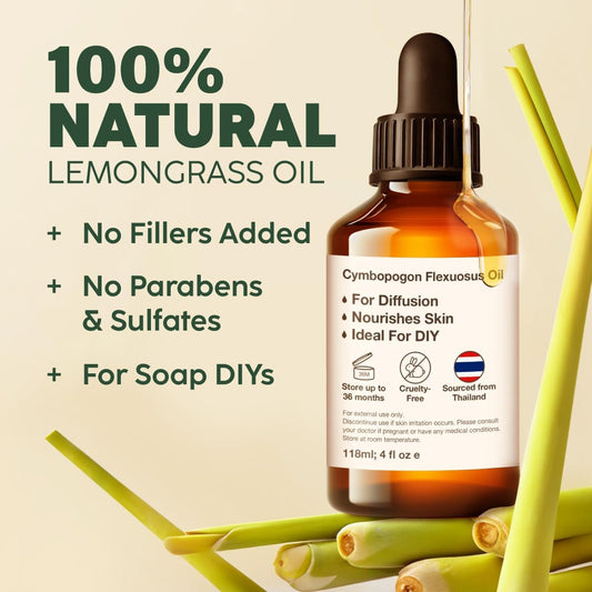 Kukka Lemongrass Essential Oil For Skin - 4 Fl Oz - 100% Pure Natural Essential Oils Lemongrass Oil For Diffuser - Cleansing & Nourishing Lemongrass Oil Essential Oil For Hair Soap Making Scent