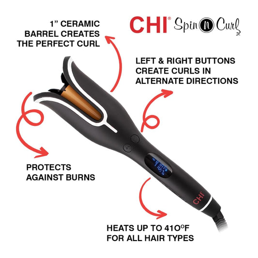 CHI Spin N Curl in Onyx Black. Ideal for Shoulder-Length Hair between 6-16” inches