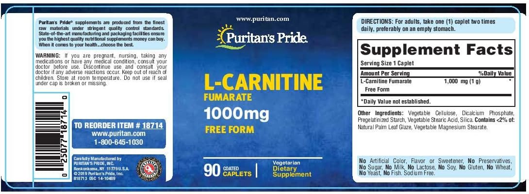 Puritan's Pride L-Carnitine Fumarate 1000 mg-90 Caplets : Health & Household