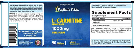 Puritan's Pride L-Carnitine Fumarate 1000 mg-90 Caplets : Health & Household